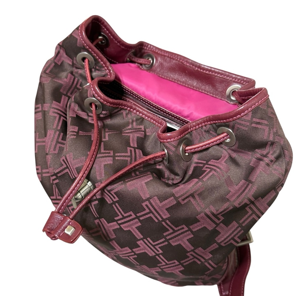 Tumi Burgundy Monogram Nylon Backpack Tote Leather Trim Travel Bag Medium - Picture 9 of 13